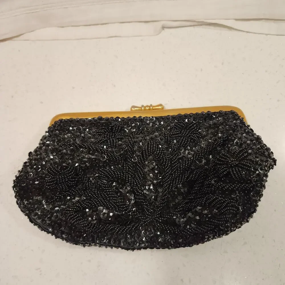 Vintage Black Beaded & Sequin  Gold Trim Small Clutch Purse-party- wedding